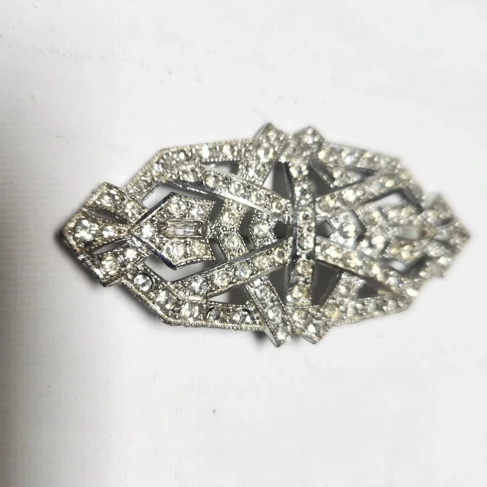 Vintage Rhinestone Pot Metal Geometric Brooch Pin Clear Crystal Retro